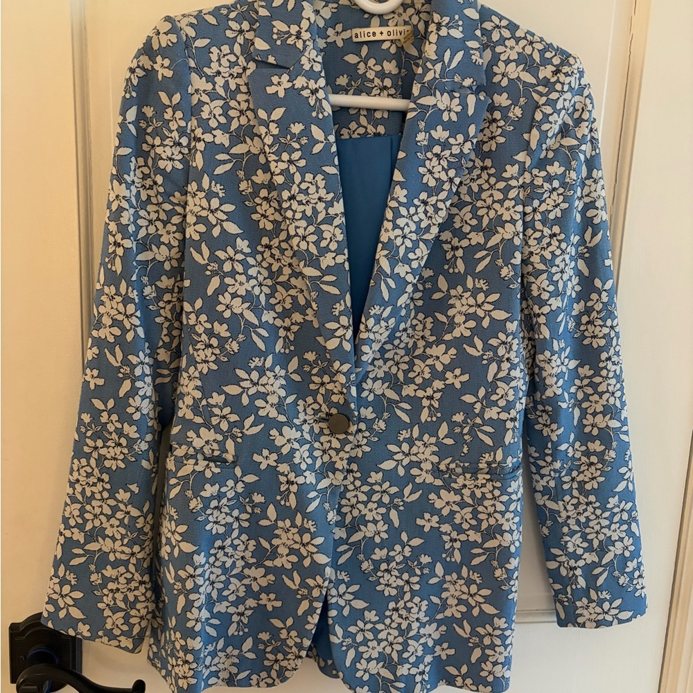alice + olivia Blue Floral Single-Button Blazer